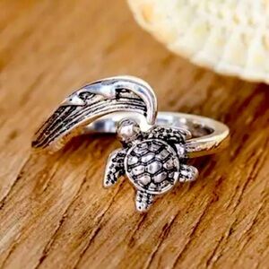 Sea Turtle and Ocean Wave Silver Tone Ring Size is Adjustable